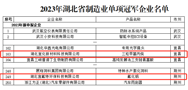 宜化新材料、宜氟特環(huán)保公司獲評2023年湖北省制造業(yè)單項冠軍企業(yè)