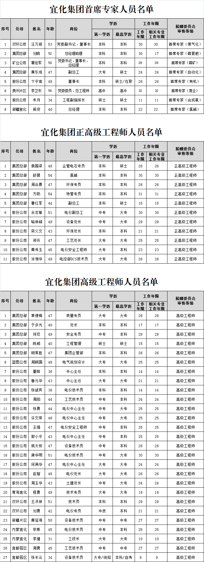 宜化集團首席專家、正高級工程師、高級工程師評審結果公示